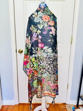 JOHNNY WAS SILK FLORAL  & HUMMINGBIRD DREAMER SCARF WITH TASSEL ON CORNERS 43x43